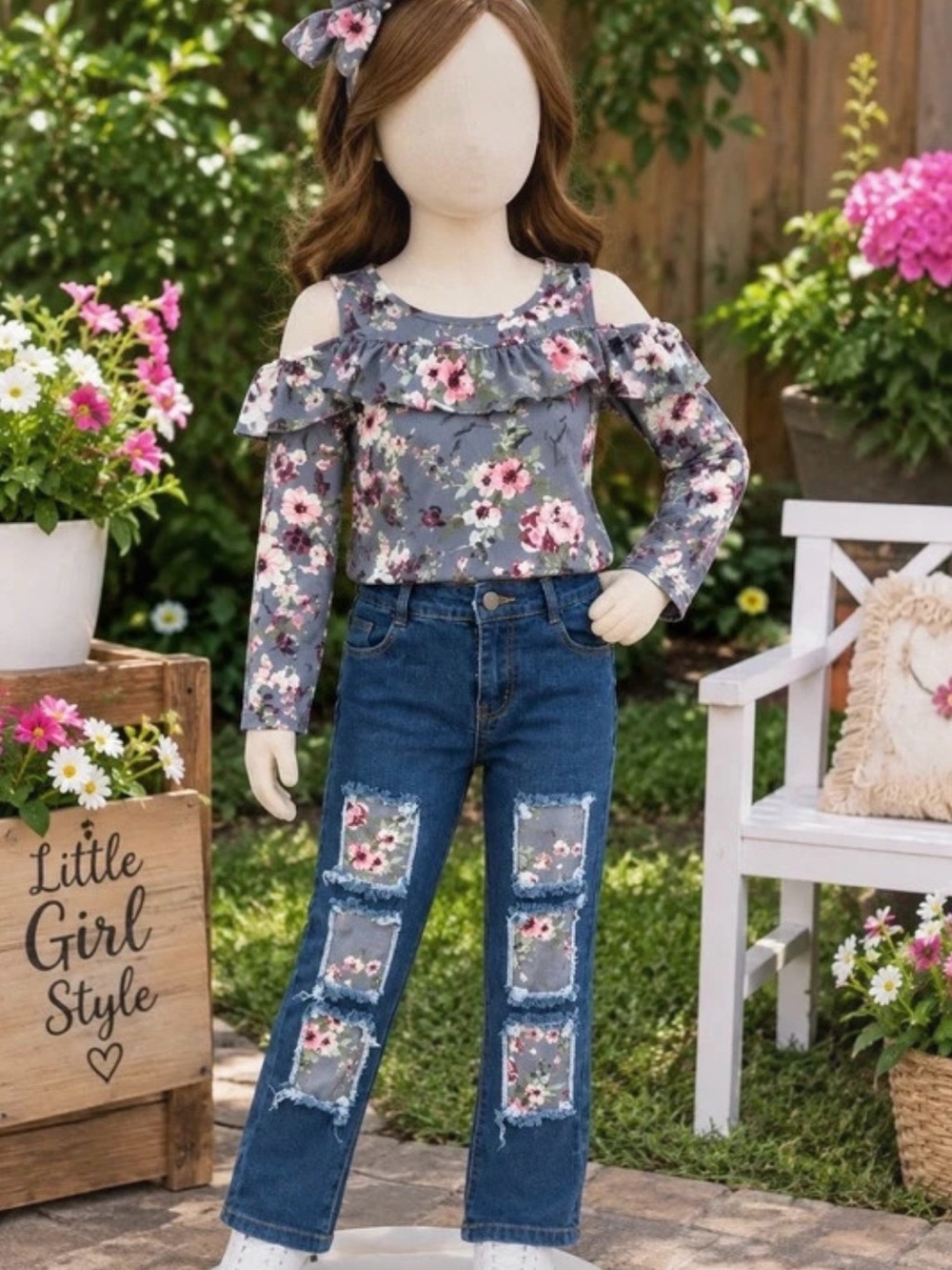 Girls Cold-Shoulder Floral Top and Patch Denim Set in Gray and Blue